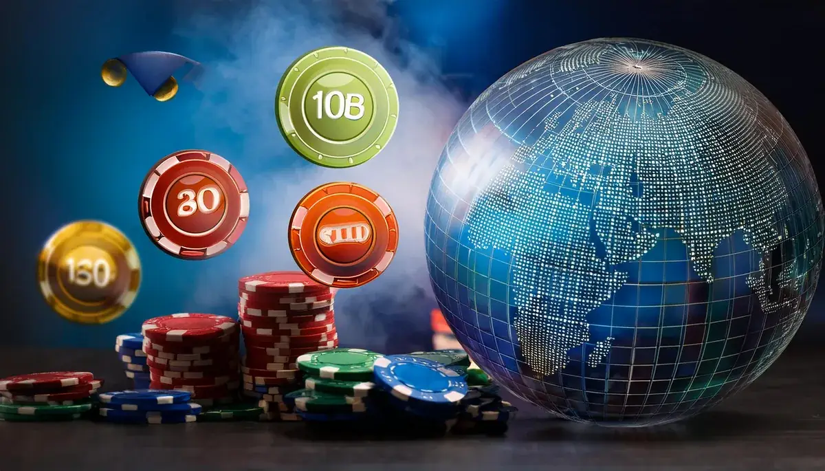 Chips with numbers beside a globe for deposits and withdrawals