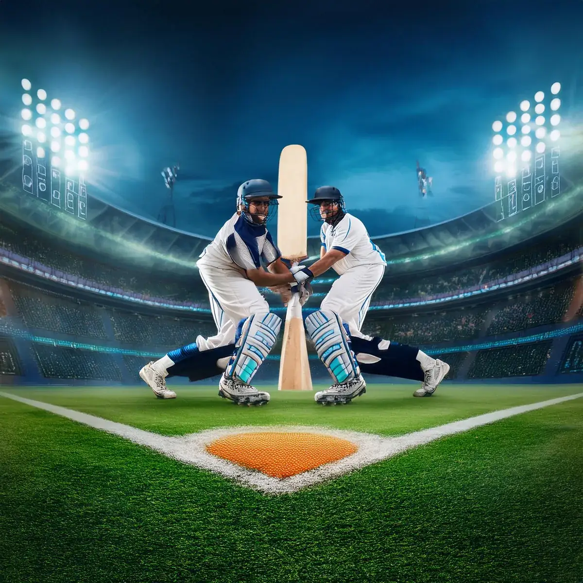 Batter and keeper at the crease under lights